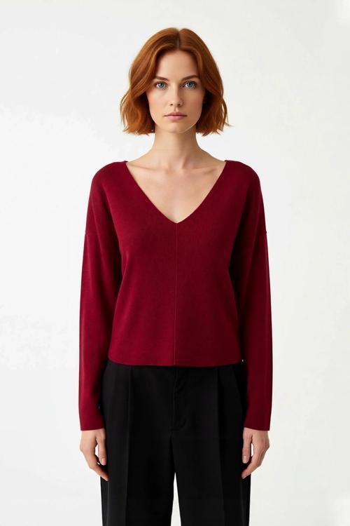 Kadın V Yaka Triko Kazak Düz Desen Regular Kalıp Korse Dikiş Detayı Uzun Kol Gündüz Gece Kaliteli