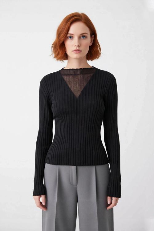 Kadın Modern Siyah Fitted Triko Kazak Transparan V Yaka Detaylı Şık Uzun Kollu Gündüz Gece