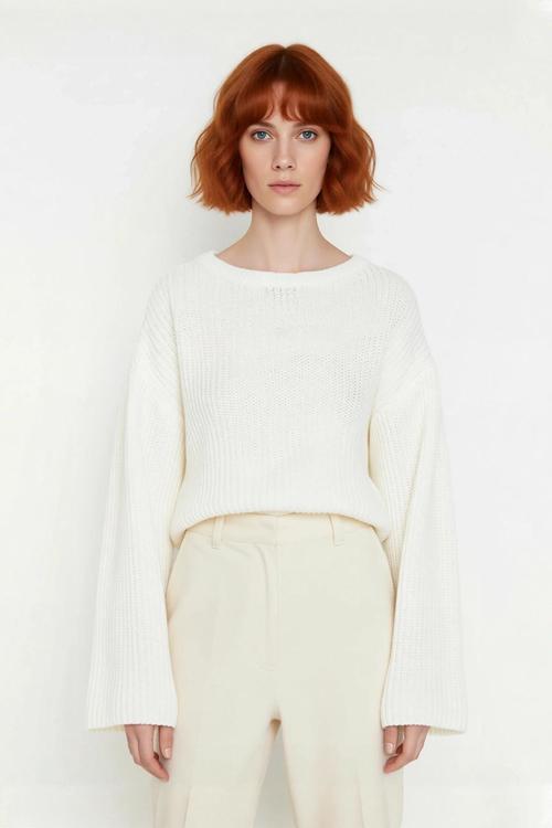 Kadın Gri %100 Akrilik Oversize Selanik Dokuma Bisiklet Yaka İspanyol Kol Crop Triko Kazak