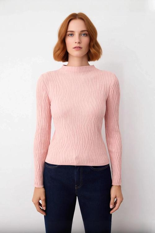 Kadın Dokulu Desenli Fitted Kalıp Dik Yaka İnce Triko Kazak Standart Kollu Rahat Günlük Şıklık