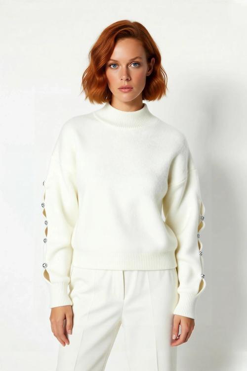 Kadın Dik Yaka Triko Kazak Düşük Kollu Düğme Detaylı Modern Regular Kalıp Kış İçin İdeal Seçim