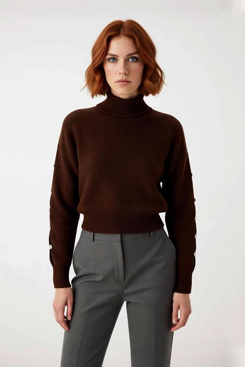 Kadın Dik Yaka Triko Kazak Düşük Kollu Düğme Detaylı Modern Regular Kalıp Kış İçin İdeal Seçim