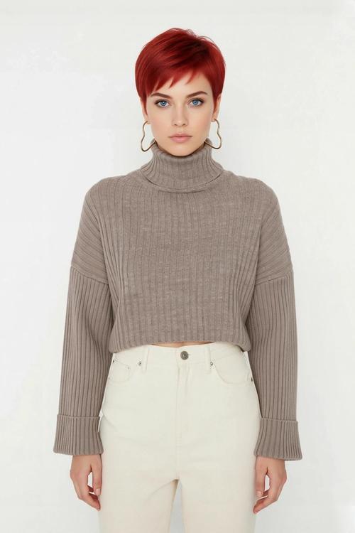 Kadın Oversize Super Crop Balıkçı Yaka Kışlık Triko Kazak Uzun Kollu Rahat Ve Şık Stil Kaliteli