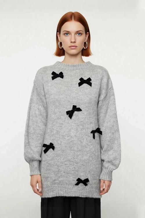 Kadın Relaxed Kesim Uzun Kol Triko Fiyonk Detaylı Bisiklet Yaka Basic Kışlık Kazak Stili Kaliteli