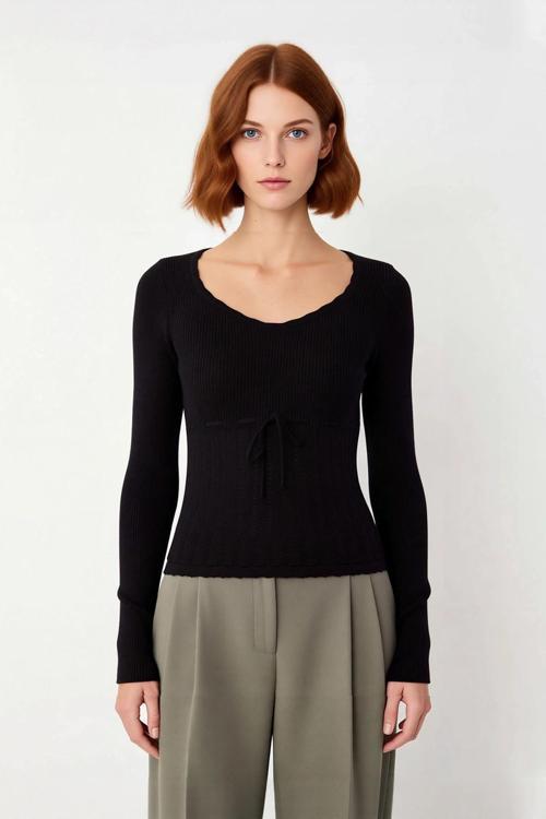 Kadın Triko Fitted Havuz Yaka İnce Dokulu Crop Model Uzun Kollu Şık İlkbahar Sonbahar Kazak