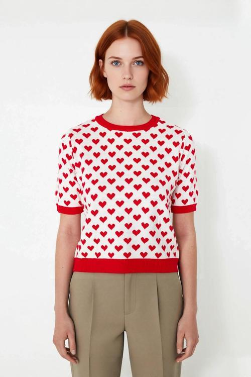 Kadın Basic Kısa Kollu Bisiklet Yaka Kalp Desenli Triko Bluz İlkbahar Sonbahar Stili Kaliteli