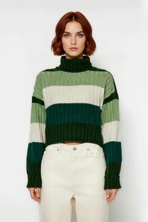 Kadın Basic Renk Bloklu Uzun Kol Balıkçı Yaka Super Crop Fitilli Triko Kazak Kış Modasına Uyumlu