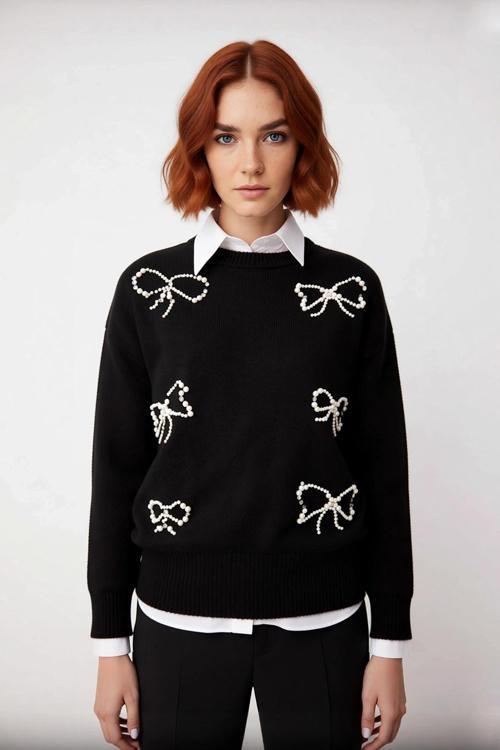 Kadın Şık İncili Fiyonk Detaylı Triko Kazak Regular Kalıp Bisiklet Yaka Standart Kol İlkbahar