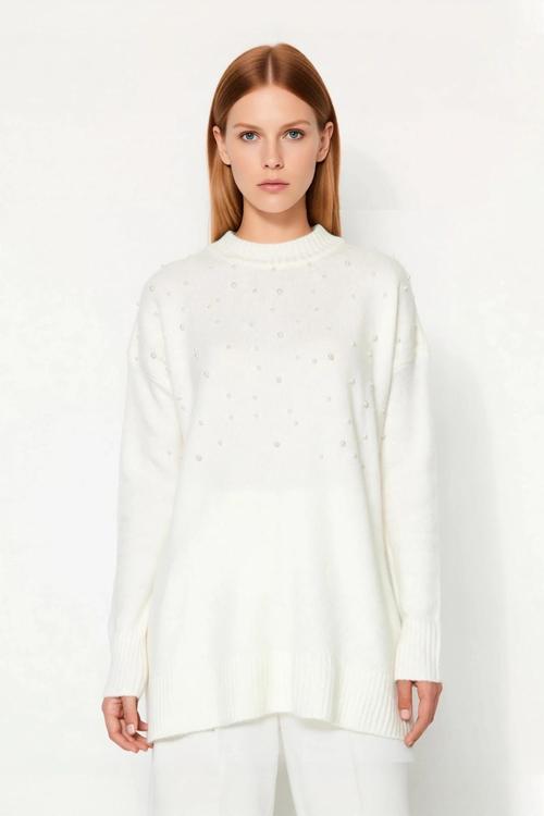 Kadın Şık İnci Detaylı Uzun Triko Kazak Relaxed Kalıp Bisiklet Yaka Balon Kol Kışlık Kaliteli