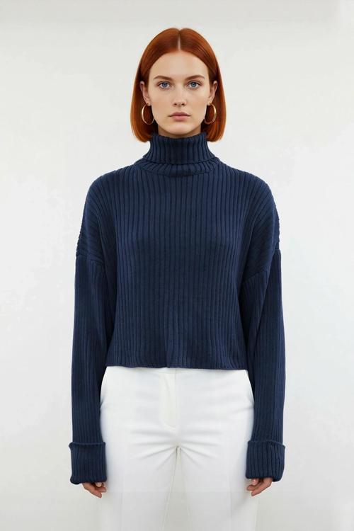 Kadın Oversize Super Crop Balıkçı Yaka Kışlık Triko Kazak Uzun Kollu Rahat Ve Şık Stil Kaliteli