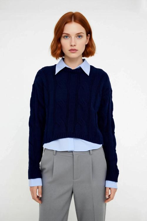 Genç Kadın Casual Tarz Triko Kazak Regular Kalıp Saç Örgü Desenli Kışlık Düşük Kol Detaylı