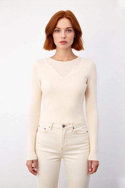 Şık Kadın Fitted Kesim Uzun Kollu Triko Kazak Renk Bloklu Basic Siluet Kış Sonbahar Kombinlerinin