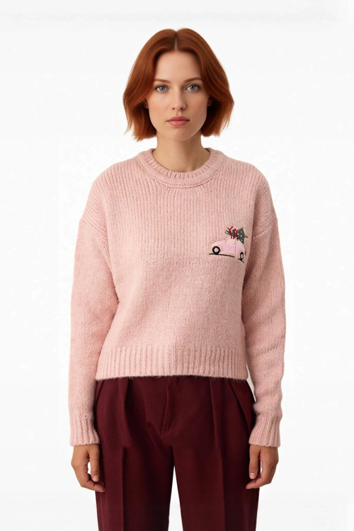 Bayan Pembe Nakış Detaylı Yılbaşı Konseptli Crop Kesim Uzun Kol Triko Kazak Modeli Kaliteli