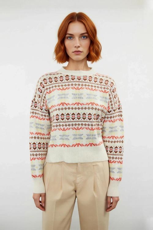 Kadınlara Özel Etnik Desenli Oversize Kalıp Düşük Kol Triko Kazak Kış Aylarının Vazgeçilmezi