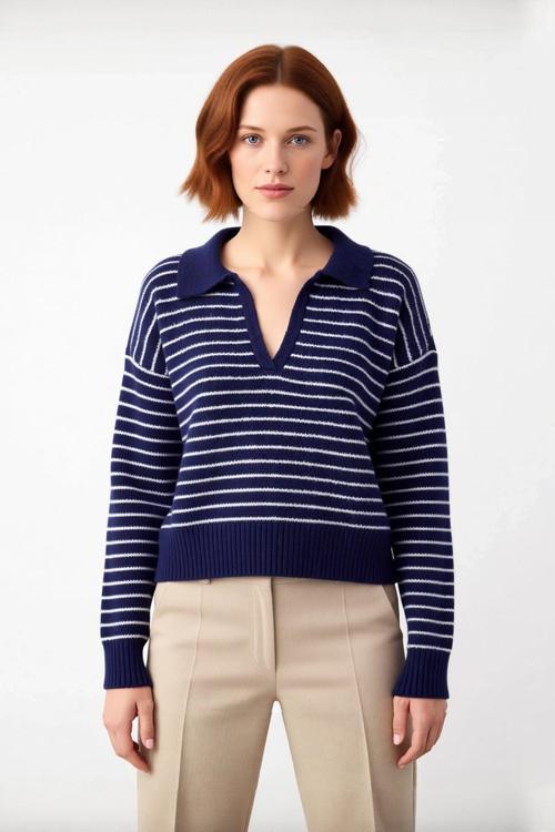 Kadınlara Özel Düşük Kol Oversize Triko Kazak Rahat Kesim Polo Yaka Kış Şıklığı Sunar Kaliteli