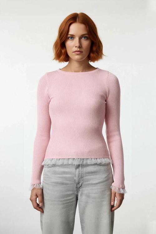 Kadın Zarif Fitted Triko Pembe Tül Detaylı Uzun Kollu Bisiklet Yaka Sonbahar Kazak Kaliteli