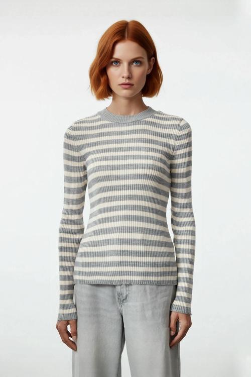 Kadın Çizgili Triko Fitted Uzun Kol Bisiklet Yaka Akrilik Basic Casual Günlük Kazak Kaliteli