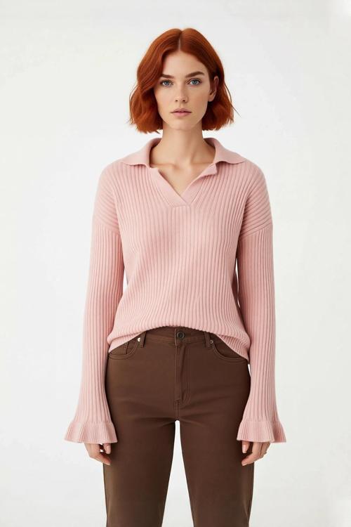 Kadın Regular Kalıp Apaş Yaka Düz Desen Volanlı Kol Triko Kazak Kışlık Zarif Kombinler Kaliteli