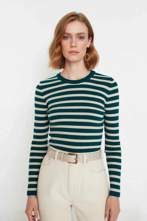 Kadın Çizgili Triko Fitted Uzun Kol Bisiklet Yaka Akrilik Basic Casual Günlük Kazak Kaliteli