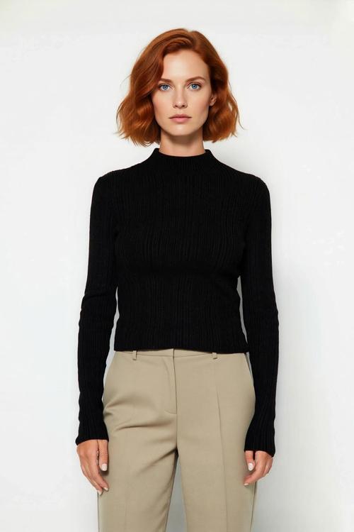 Kadın Fitted Dik Yaka Fitilli Uzun Kollu Triko Kazak Günlük Basic Siluet Kış Sonbahar Konforu