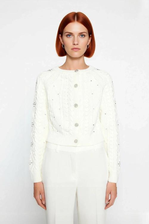 Kadınlara Özel Kışlık Regular Kalıp Saç Örgülü Crop Akrilik Triko Hırka Günlük Şıklık Kaliteli