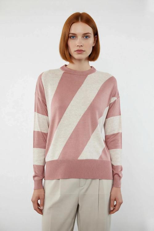 Kadın Düşük Kol Bisiklet Yaka Triko Kazak Renk Bloklu Tasarımıyla Kış Kombinleri İçin Kaliteli