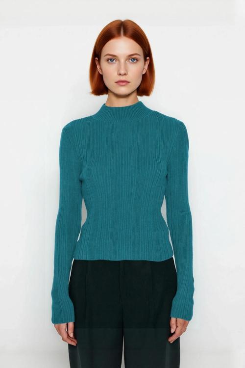 Kadın Fitted Dik Yaka Fitilli Uzun Kollu Triko Kazak Günlük Basic Siluet Kış Sonbahar Konforu