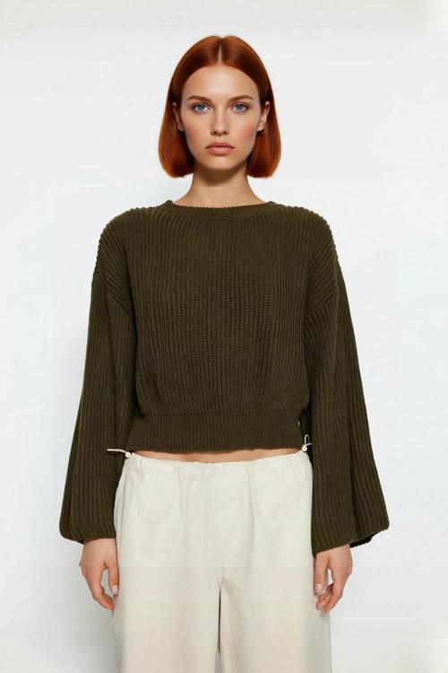 Kadın Gri %100 Akrilik Oversize Selanik Dokuma Bisiklet Yaka İspanyol Kol Crop Triko Kazak