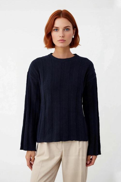 Kadın Fitilli Dokuma Triko Kazak Regular Kalıp Bisiklet Yaka Uzun Kollu Günlük Konforlu Şıklık Sunar