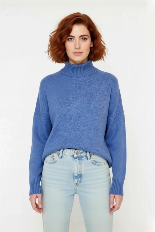 Kadın Basic Oversize Dik Yaka Triko Kazak Düşük Kol Uzun Boy Kışlık Günlük Şıklık Sunar Kaliteli