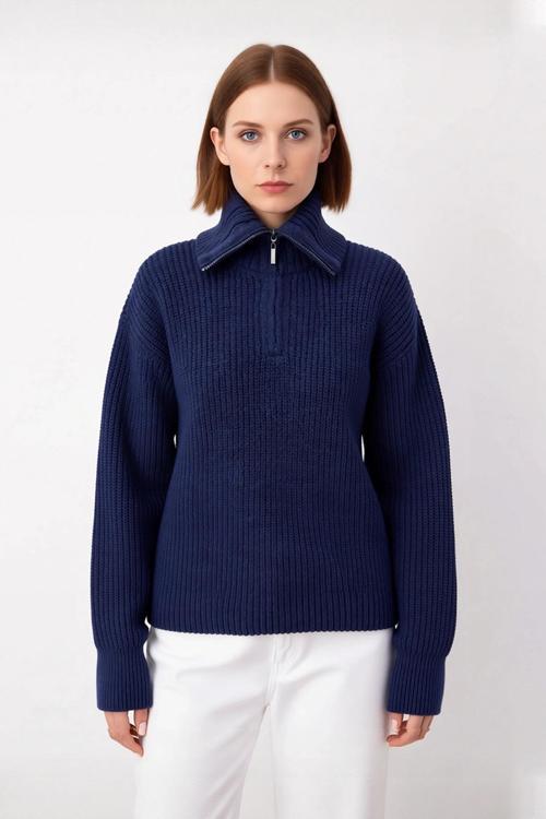 Kadın Casual Regular Kalıp Selanik Dokuma Uzun Kollu Triko Kazak Fermuarlı Dik Yaka Soğuk Havalar