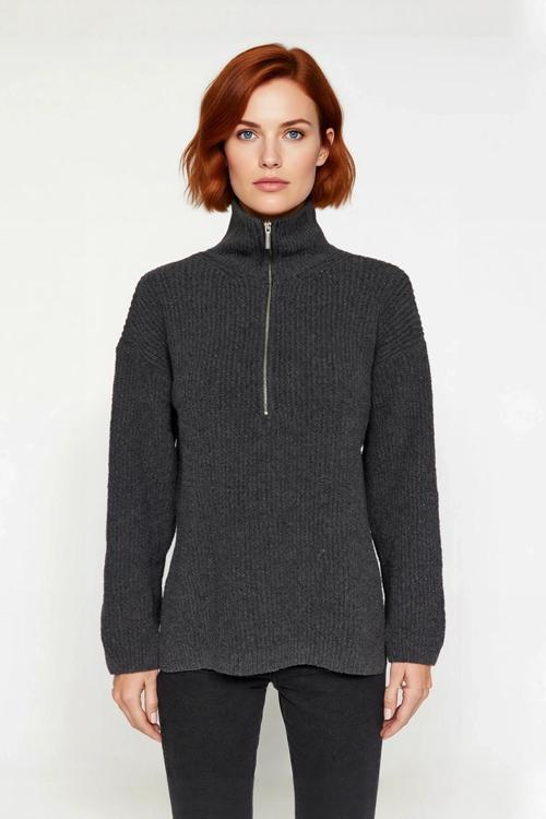 Kadın Basic Siluet Uzun Boy Düz Desen Rahat Kesim Kalın Triko Kazak Kış Kombinleri İçin Kaliteli