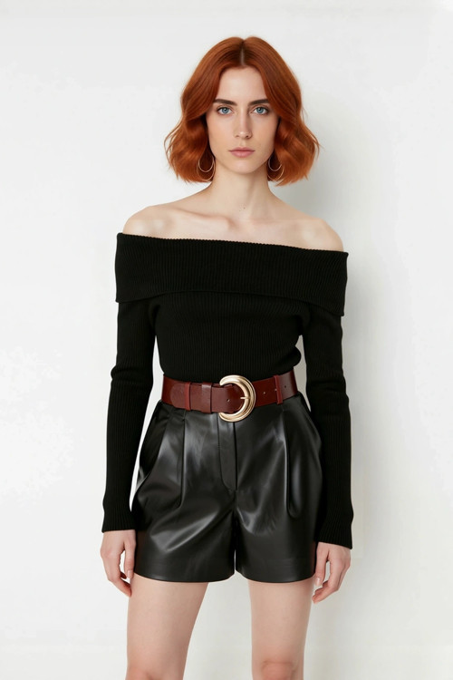 Kadınlara Özel Basic Fitted Kesim Uzun Kollu Crop Akrilik Triko Carmen Yaka Kazak Kaliteli