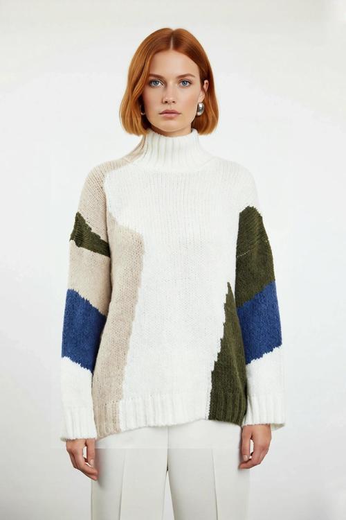 Kadın Şık Dik Yaka Oversize Renk Bloklu Düşük Kol Uzun Triko Kazak Kış Modasına Yeni Bir Soluk