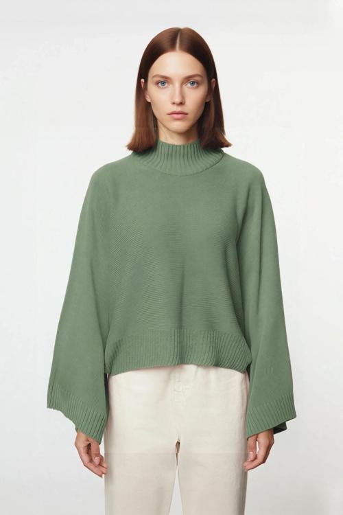 Kadın Geniş Kalıp Uzun İspanyol Kol Dik Yaka Triko Kazak Kış Kombinlerinin Vazgeçilmezi Kaliteli