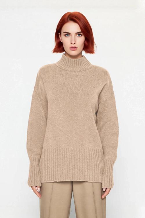 Kadınlara Özel Oversize Rahat Kalıp Düz Renk Triko Kazak Dik Yaka Reglan Kol Kış Modasının