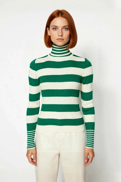 Kadın Balıkçı Yaka Triko Kazak Uzun Kollu Regular Kalıp Çizgili Basic Kış Kombinleri İçin İdeal