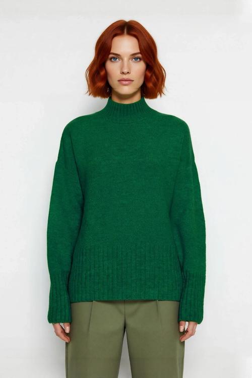 Kadınlara Özel Oversize Rahat Kalıp Düz Renk Triko Kazak Dik Yaka Reglan Kol Kış Modasının