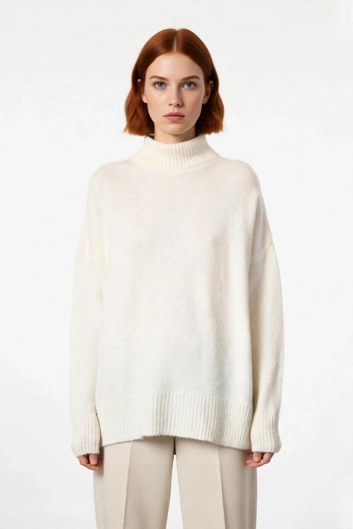 Kadın Basic Oversize Dik Yaka Triko Kazak Düşük Kol Uzun Boy Kışlık Günlük Şıklık Sunar Kaliteli