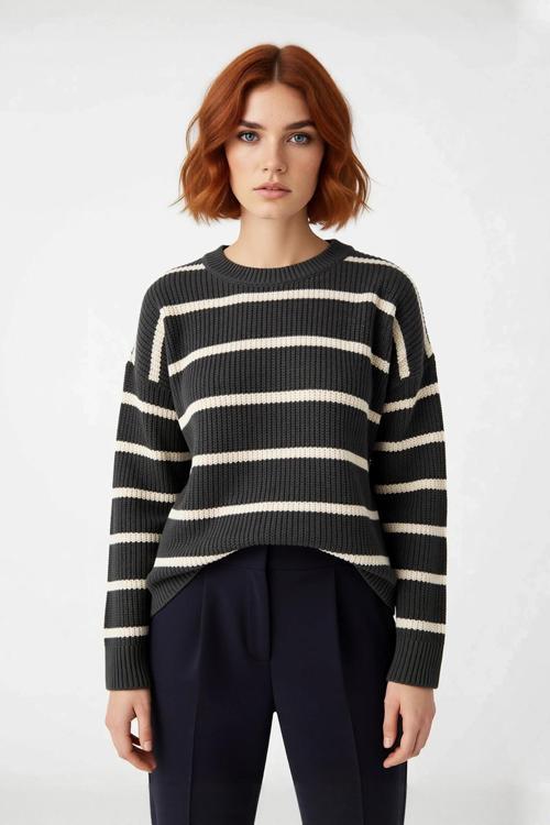 Kadınlara Özel Oversize Çizgili Triko Kazak Bisiklet Yaka Uzun Kollu Kış Stiline Modern Dokunuş