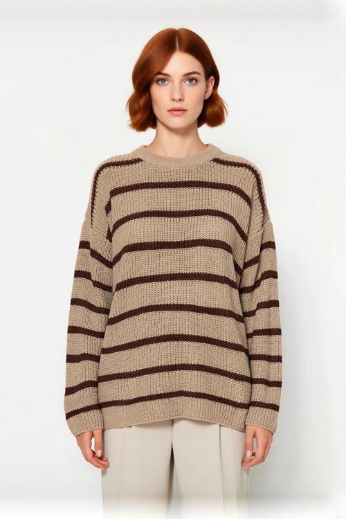 Kadınlara Özel Oversize Çizgili Triko Kazak Bisiklet Yaka Uzun Kollu Kış Stiline Modern Dokunuş