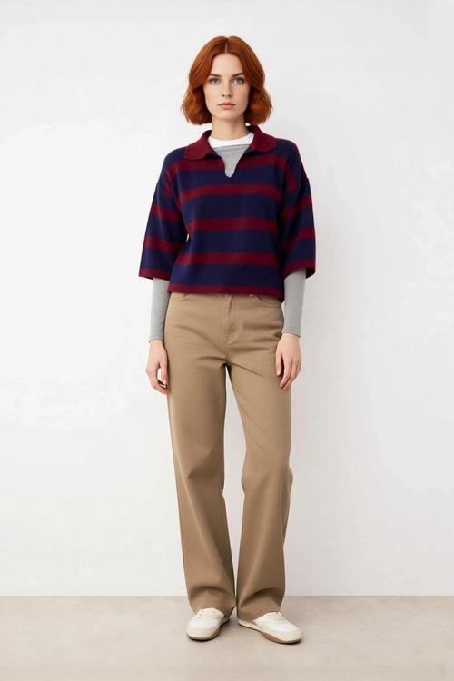 Kadın Truvakar Kol Polo Yaka Çizgili Triko Kazak Basic Rahat Kesimiyle Şık ve Konforlu Günler İçin