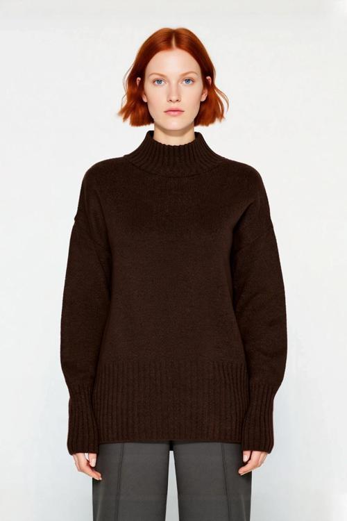 Kadınlara Özel Oversize Rahat Kalıp Düz Renk Triko Kazak Dik Yaka Reglan Kol Kış Modasının