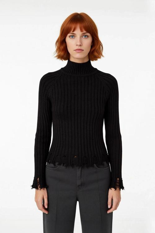 Kadınlara Özel Fitted Kesimli Crop Dik Yaka Uzun Kollu Fitilli Triko Kazak Günlük Stil İçin