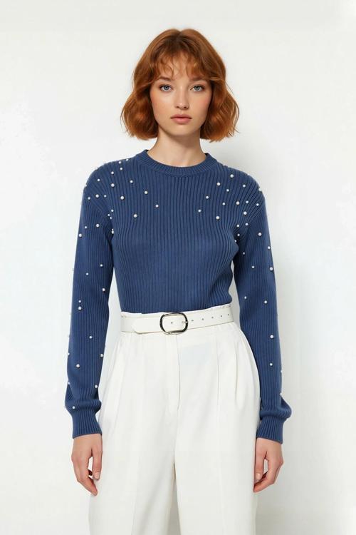 Kadın İnci Detaylı Bisiklet Yaka Regular Kalıp Düşük Kol Fitilli Triko Kazak Günlük Şıklık