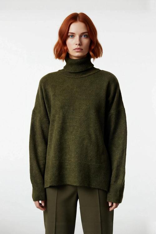 Kadın Oversize Kalıp Düz Balıkçı Yaka Triko Kazak Uzun Düşük Kol Günlük Basic Giyim Şıklığı