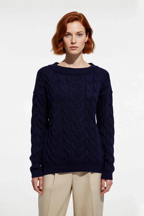 Kadınlara Özel Kayık Yaka Saç Örgü Desenli Regular Kalıp Uzun Kollu %100 Akrilik Triko Kazak