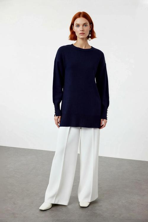 Kadın Düşük Kol İnci Detaylı Düz Desen Triko Kazak Kışlık Rahatlığın ve Şıklığın Adresi Kaliteli