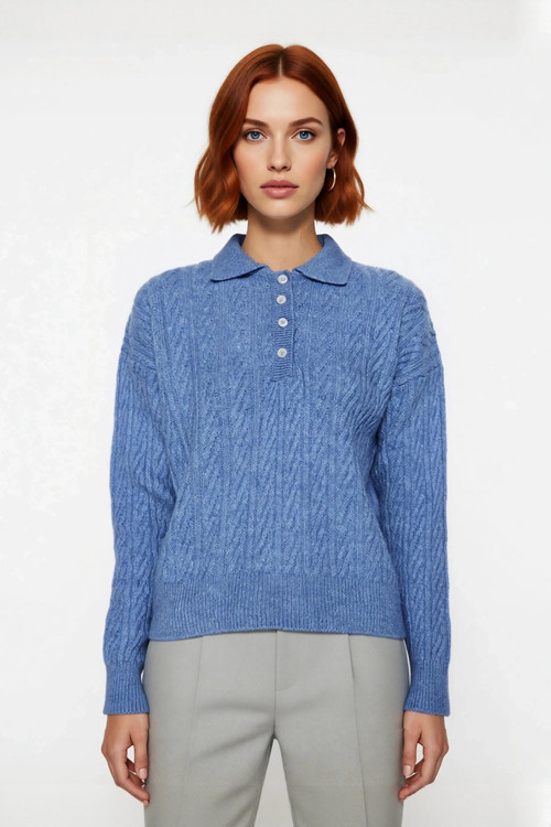 Kadın Oversize Triko Polo Yaka Saç Örgü Düşük Kollu Rahat Kışlık Basic Stil Kazak Kaliteli