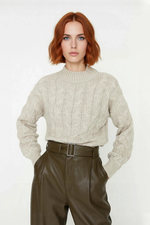 Kadın Oversize Balon Kol Dik Yaka Saç Örgü Crop Akrilik Triko Kazak Kış Modasına Uyumlu Kaliteli